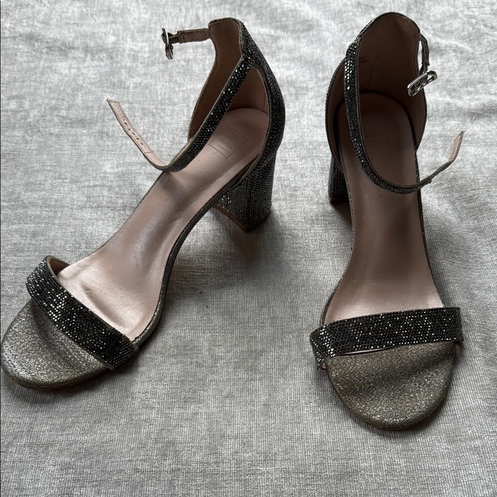 DB Studio Dark Silver Block Heels with Glittery Band and Strap Sz 8.5